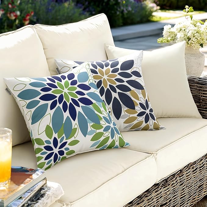 Floral Outdoor Pillow Covers Waterproof Spring Throw Pillow Cases Blue Green 18x18 Inch Set of 2 Decorative Summer Cushion Covers for Patio Furniture Garden Bench Porch Sofa