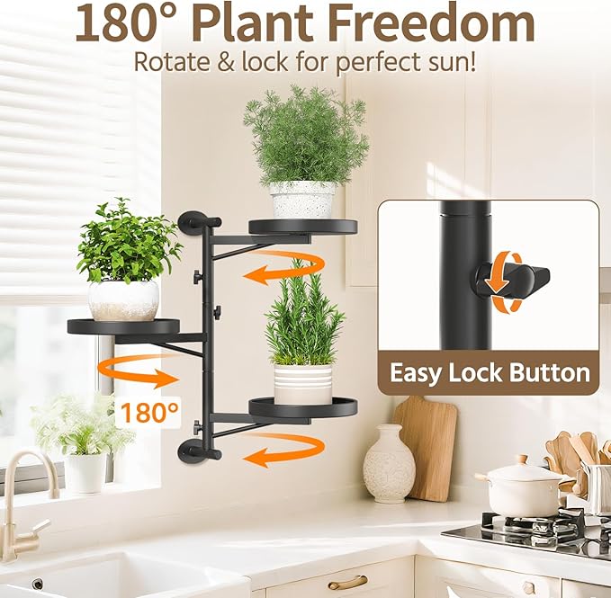 LASZOLA Rotating Plant Hangers Shelves Wall Mounted Indoor, 3 Tier Metal Window Plant Hanging Holders, Morden Floating Flower Display Stand with 2 Hooks for Kitchen Bathroom Decor, Black