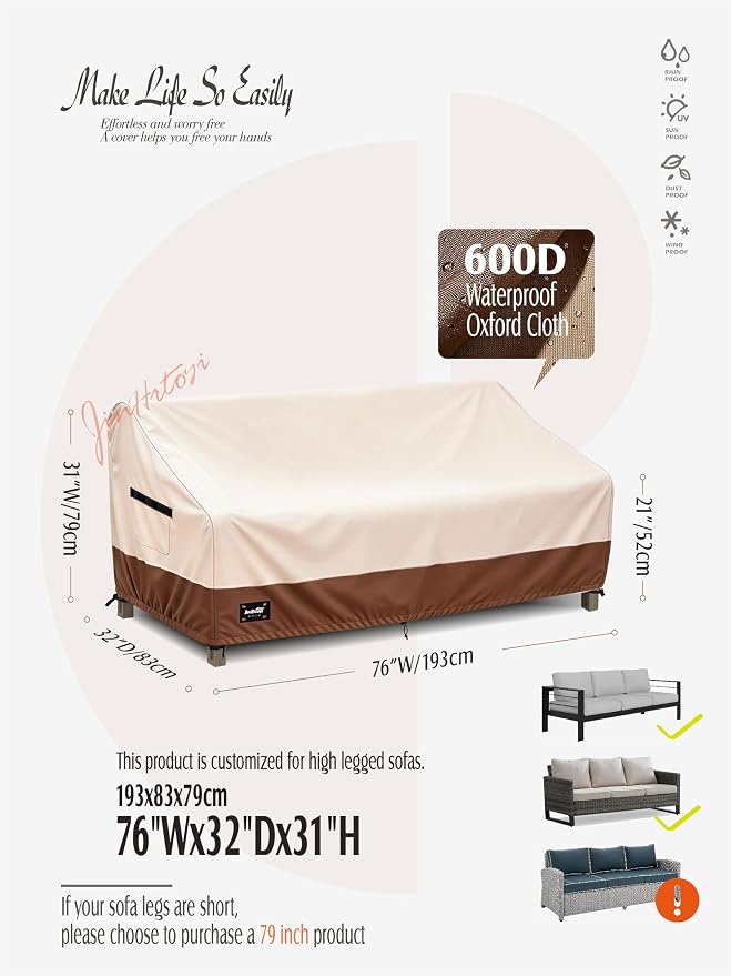 JinHrtoyi 3-Seater Outdoor Couch Cover, 76Wx32Dx31H inches Outdoor Furniture Covers Waterproof,100% Waterproof Heavy Duty Patio Furniture Covers,Beige&Brown Modern Style Outdoor Sofa Cover