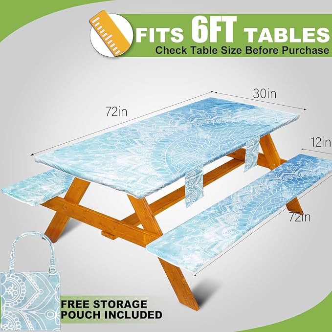 Fitted Picnic Table Cover with Bench Covers, Windproof Vinyl Table Cloths Outside Camping Cooking Backyard Furniture Seat Cushion Tablecloth Activities Party Decor Decorations Para Acampar Equipment