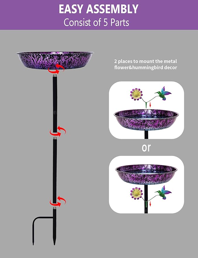 Bird Bath for Outside, 11 Inch Colorful Purple&Blue Metal Birdbath Bowl Decorated Hummingbird Flower Freestanding Garden Bird Bath Feeder Outdoor Decor Yard Art