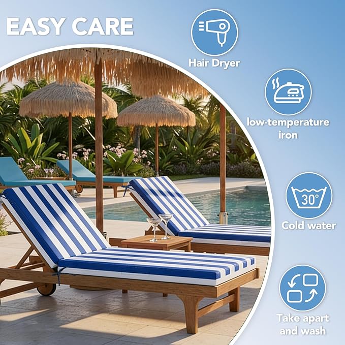 L'AGRATY Outdoor Lounge Chaise Cushion: 72x21x3 Inch Waterproof Lounge Chair Cushion for Outdoor Furniture with Fade Resistant Removable Cover - Patio Cushions for Pool Lawn Deck(Navyblue White 2Pcs)