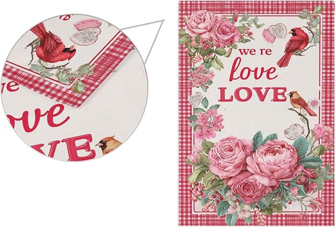 Pfrewn Valentine House Flag 28 x 40 Double Sided, Red Rose Floral Cardinal Plaid Garden Yard Flags Welcome Spring Outdoor Indoor Banner for Wedding Party Home Decorations