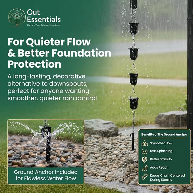 Black Rain Chain 9 FT, 11 FT Installed with Anchor Stake and Gutter Adapter, Durable Heavy Duty Rain Chains for Gutters for Heavy Rain, Rust Resistant, Outdoor Decor for Homeowners