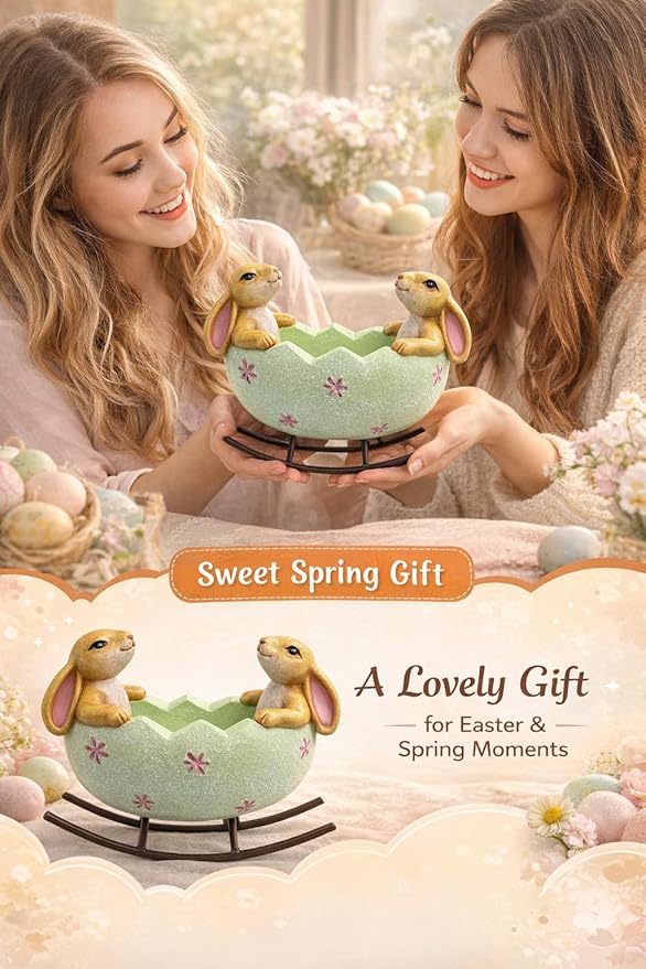 GoGnome Easter Bunny Bowl Figurine with Rocking Stand – 5.7‘’ Hand-Painted Resin Rabbit Egg Holder Spring Table Centerpiece Farmhouse Home Décor (Mint Green)
