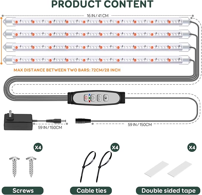 SDOVUERC 4 Bars Grow Light Strips for Indoor Plants with Auto ON/Off Timer 6/12/18H, 5 Dimmable Levels for Shelves Plant Growing(Pack 1)