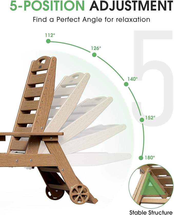 Lounge Chair Outdoor Set of 4 with Wheels, Adjustable 5-Position Chaise Lounge Outdoor, Patio Lounge Chair for Poolside Backyard, Teak