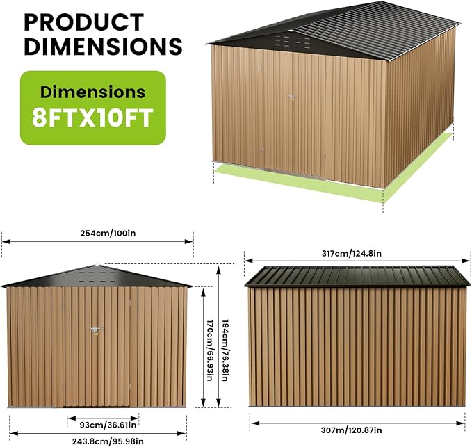 8x12 ft Metal Storage Shed, Outdoor Garden Tool Sheds with Sturdy Frame Structure, Large Metal Storage Shed with Lockable Door for Garden, Lawn, Backyard, Brown