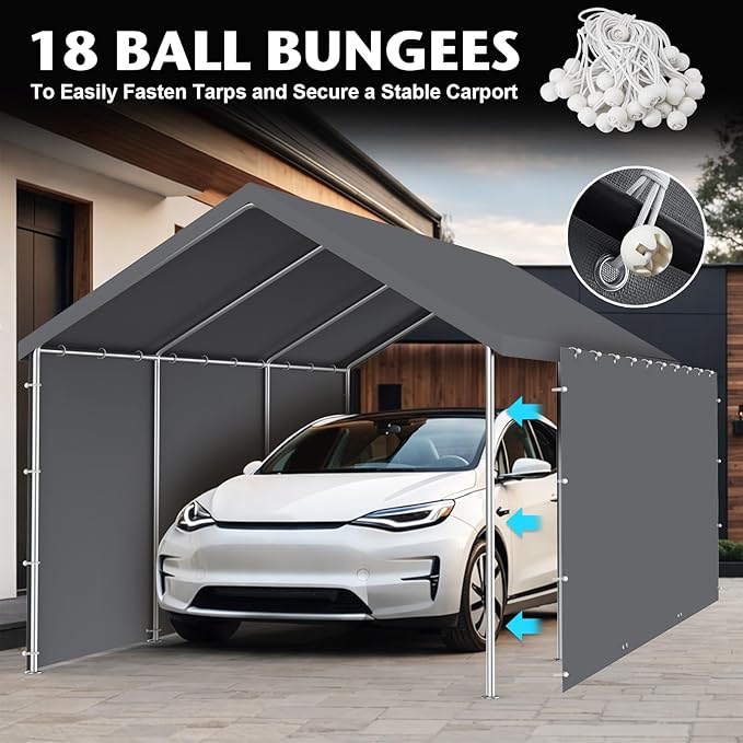 Carport Replacement Canopy Sidewall 20x6.6FT Fits 10x20,12x20,13x20,20x20FT Carport, Waterproof & UV Protected, with Ball Bungees (Only Sidewall, Frame Not Include) (Grey, Sidewall 1 Pack)