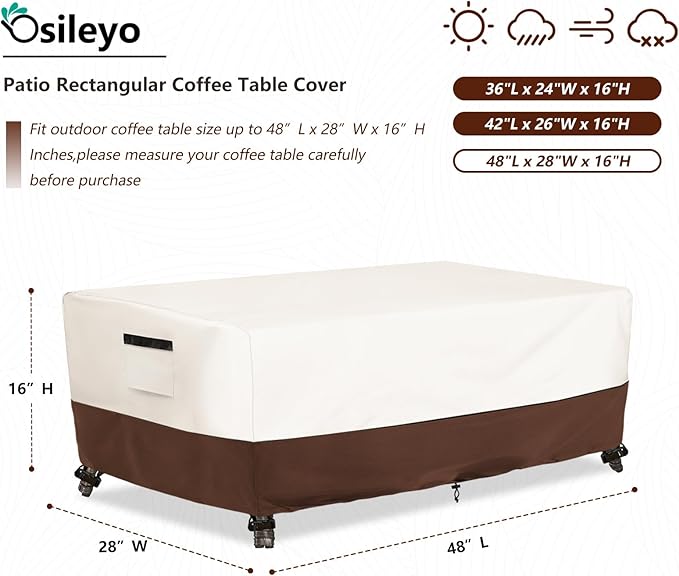 Outdoor Patio Coffee Table Cover, Waterproof Rectangular Patio Side Table Cover,Patio Furniture Covers,48 x 28 x 16 inch,Beige & Brown