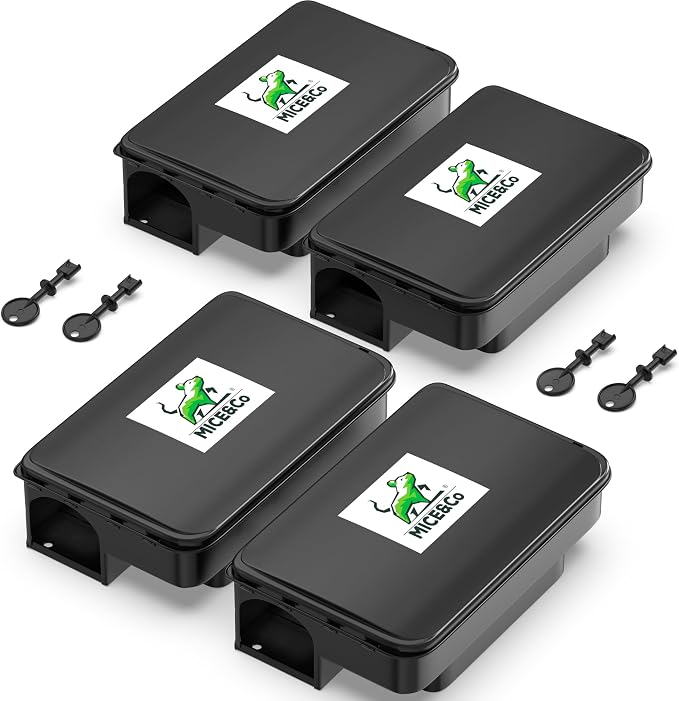 Mice&Co Professional Rat Bait Stations 4 Pack – Lockable Rodent Traps for Outside & Inside – Heavy Duty, Weather-Resistant Bait Boxes with Dual Entry – Tamper-Proof Design – Child & Pet Safe