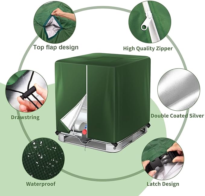 IBC Tote Cover 330 Gallon Water Tank Protection Cover Zipper 420D Heavy Waterproof Sunscreen Material 1000L Outdoor Garden Green