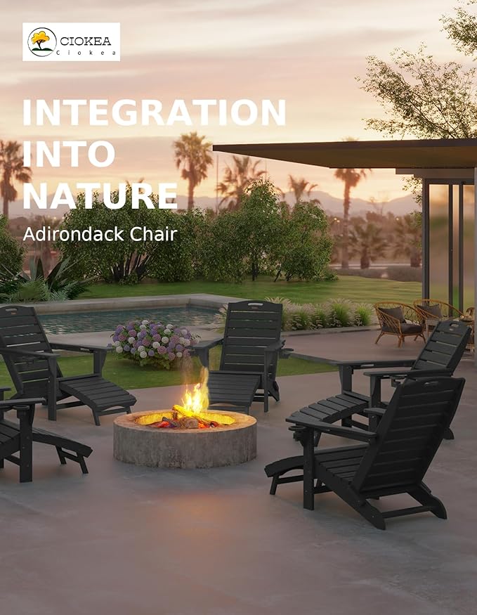 Ciokea Folding Adirondack Chair Set of 2 with Retractable Ottoman Fire Pit Patio Chair with Pull Out Foot Rest Weather Resistant Lawn Outdoor Chair with 2 Cup Holder (Black)