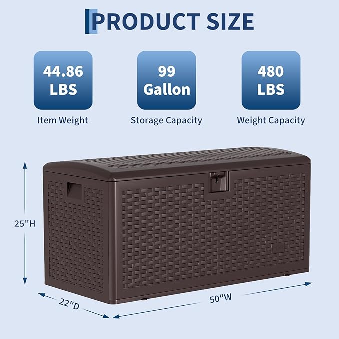 73 Gallon Waterproof Large Resin Deck Box Indoor Outdoor, Lockable Storage Container for Patio Furniture Cushions, Throw Pillows, Garden Tools, and Pool Floats, Black 44.5"L * 21.1"W * 22"H