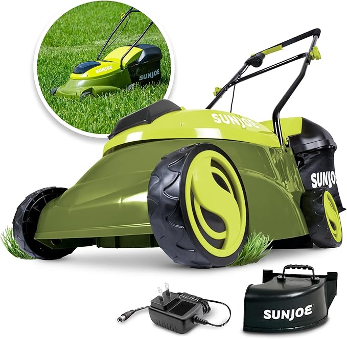 Sun Joe Cordless Electric Push Lawn Mower with 10.6-Gal Bag, 14-Inch Cutting Width, Green - Heavy-Duty Yard Trimmer Machine for Gardening Care and Maintenance, MJ401C-PRO