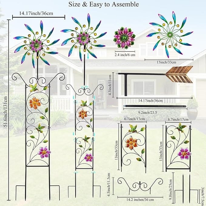 DREAMYSOUL Wind Spinner Outdoor, Wind Sculpture & Weathervane with Decorative Trellis for Climbing Plants, Kinetic Wind Spinners for Yard and Garden