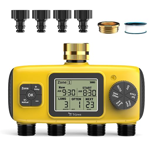 4 Zone Water Timer for Garden Hose, 4 Outlets Sprinkler Timer for Watering with Brass Inlet,Rain Delay/Automatic/Manual Irrigation System for Garden Sprinkler Controller for Lawn Yard Garden