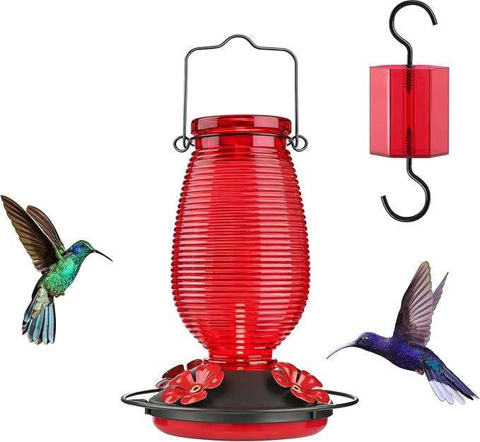 FEED GARDEN Glass Hummingbird Feeder for Outdoors Hanging, 20 OZ Humming Birds Feeders with 6 Bee Guard Feeding Ports & Built-in Ant Moat, Bird Feeder for Outside, Red