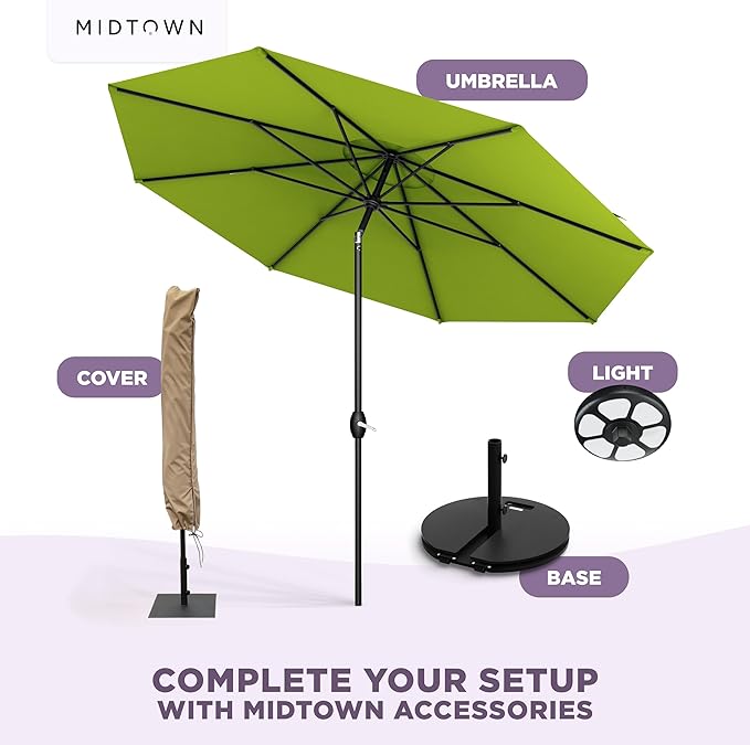 Midtown Umbrellas - 10-Year-No-Fade 6 Ft Patio Umbrella with Terylast Fabric, Auto-Tilt Aluminum Frame and 8 Reinforced Ribs for Deck, Pool, Garden & Beach - Pear Green Canopy, Black Pole