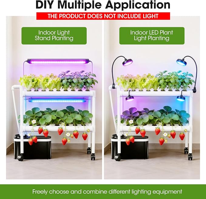 Hydroponics Growing System Kit with Wheels, 54 Plant Sites Gardening Aquaponics Tower, 2-Tier Food-Grade PVC-U Pipes Water Pump Timer for Leafy Vegetables, Indoor, Outdoor (33"x35"x14" in 54 Holes)