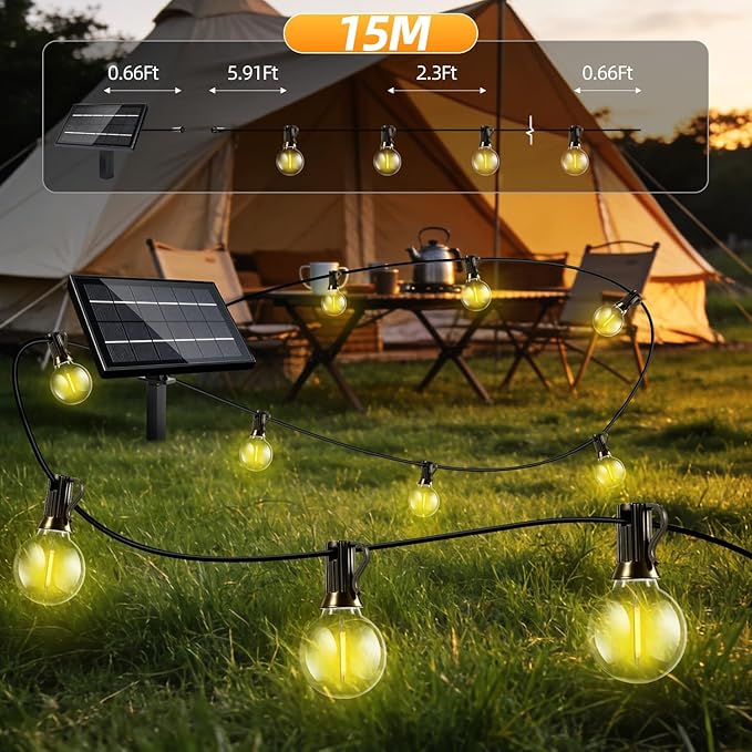 50FT Solar Lights Outdoor Waterproof: G40 15M Shatterproof Bulbs Patio Lights - Solar Powered Remote Control 3 Light Modes Dimmable Solar Light - Camping Backyard Garden Deck Outside Yard