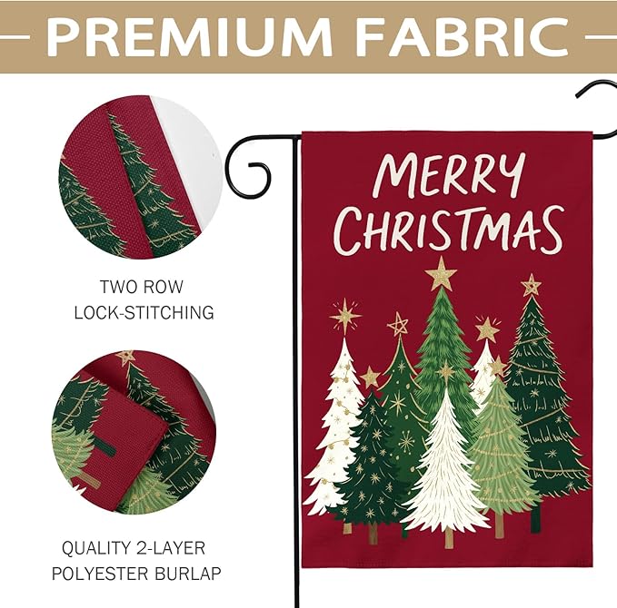 Merry Christmas Garden Flag 12x18 Inch Dark Red Green Xmas Tree Holiday Winter Decorative Yard Flags for Outside Double Sided Seasonal Outdoor Home Farmhouse Decoration Porch New Year Decor