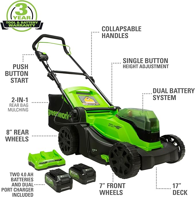 Greenworks 48V 17" Cordless Electric Lawn Mower, Leaf Blower, (2) 4.0Ah Batteries and Rapid Charger