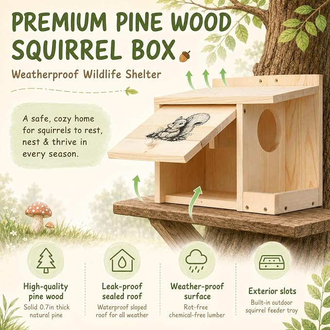 Large Squirrel House for Outside, Squirrel Nesting Box with Squirrel Feeder | Anti-Predator Solid Wood Squirrel Box for Backyard, Waterproof Squirrel feeders for outside, Easy to Assemble,14×11×7.5 Inch