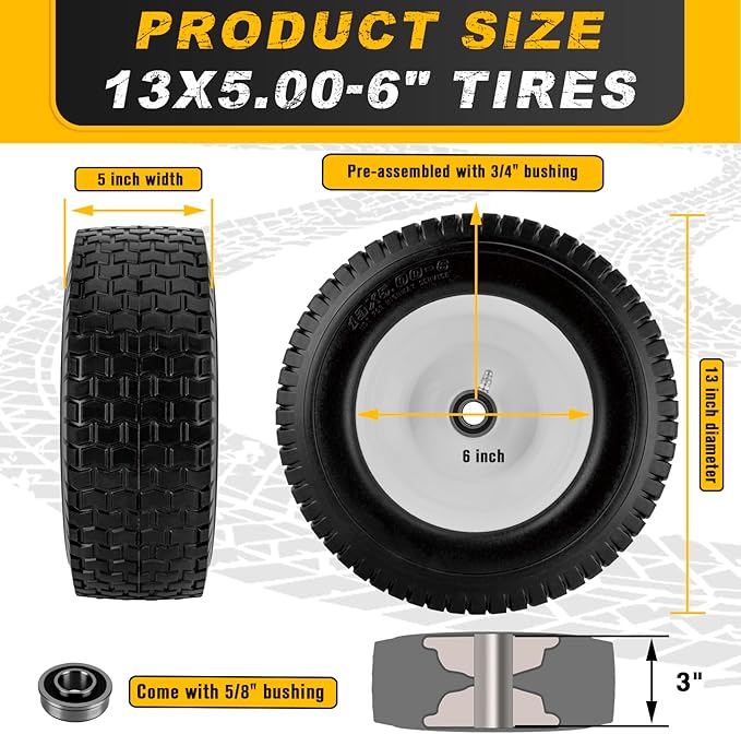 13x5.00-6 Flat Free Tire and Wheel with 3/4" & 5/8" Bearings – 2 Pack 13x5x6 Solid Rubber Lawn Mower Tires for Riding Lawn Mower Tires and Wheel with 3" Centered Hub