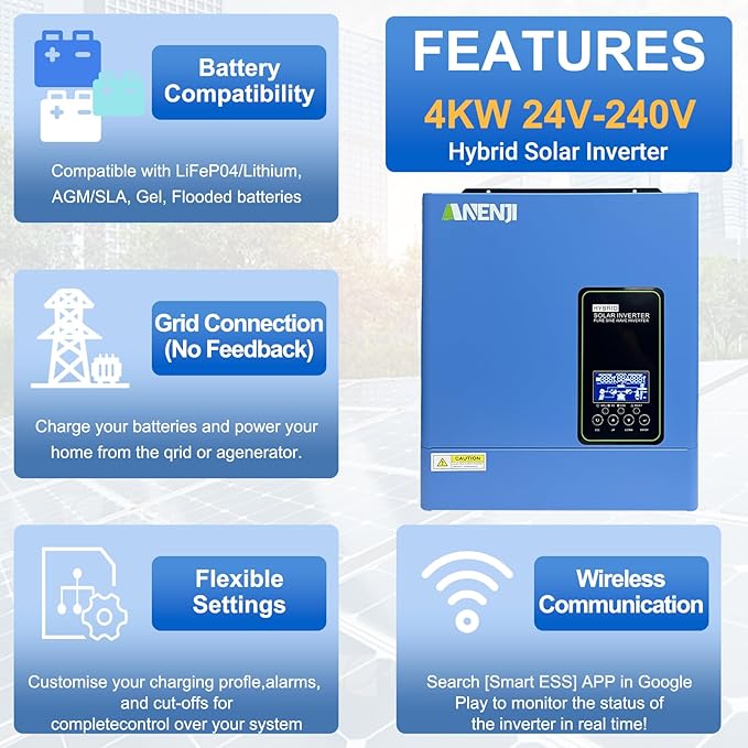 3000W Hybrid Inverter, 24Vdc to 110Vac Solar Inverter Charger Built-in 80A MPPT Controller, Pure Sine Wave PV Power Converter, Supports Battery-Less or AGM Lithium Battery