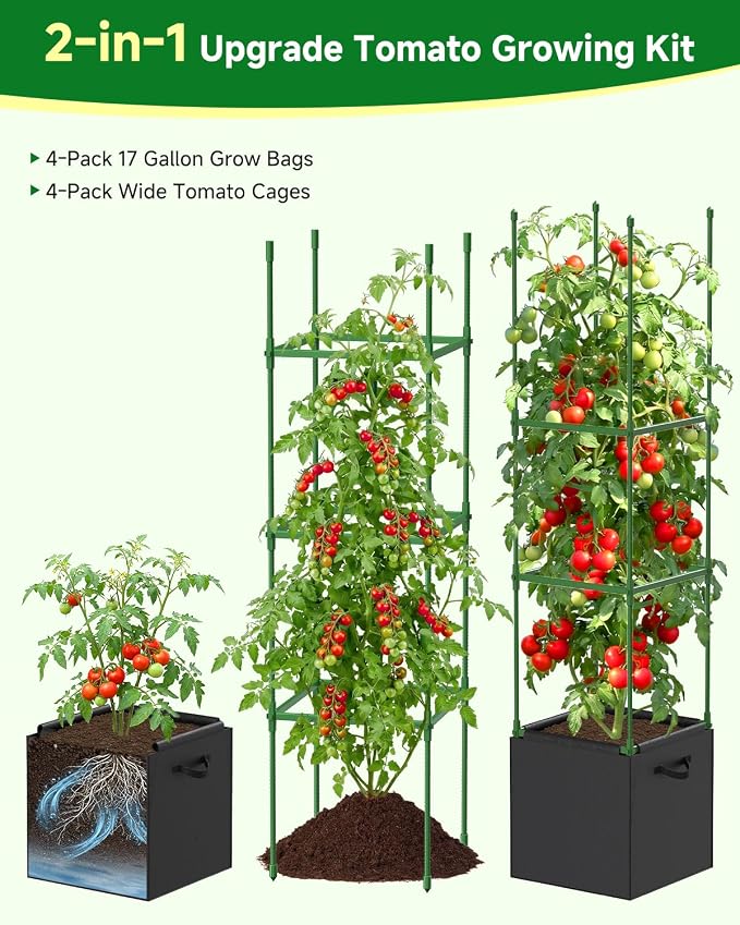 4 Pack Square Tomato Trellis Cages 55 Inch Height, with 17 Gallon Square Grow Bags (12×12in), Heavy Duty Tomato Plant Support Stakes for Outdoor Garden Climbing Vegetables Fruits Flowers