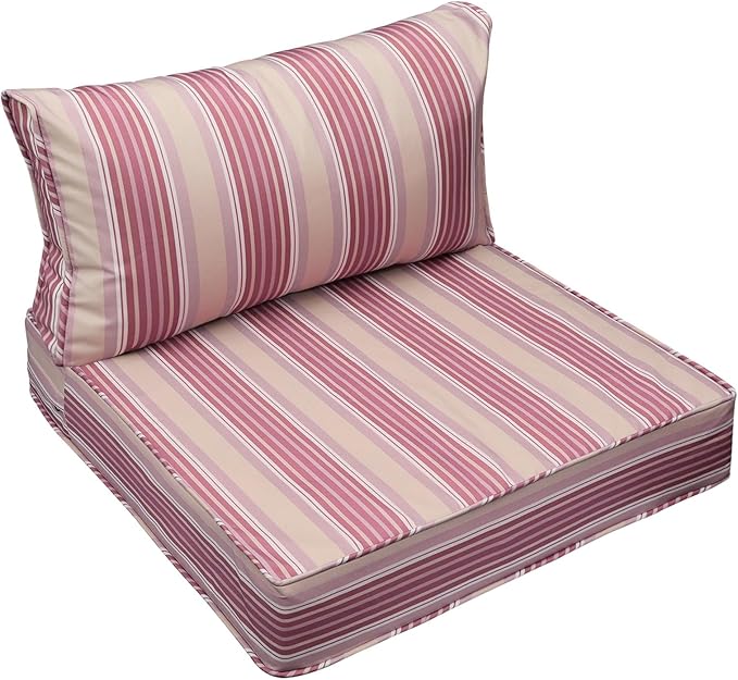 AAAAAcessories Outdoor Seat Cushions for Chairs, Fade-Resistant, Waterproof Patio Furniture Replacement Cushions, 25.5" x 25.5" x 5" + 25.5" x 13.5", Dusty Rose Garden Stripe