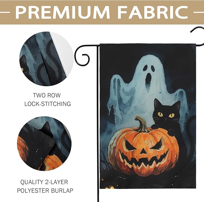 Scary Ghost Pumpkin Halloween Garden Flag 12x18 Inch Black Cat Halloween Theme Holiday Decorative Yard Flags for Outside Double Sided Outdoor Home Farmhouse Decoration Porch Decor