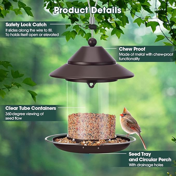 Metal Bird Feeders for Outdoors, Hanging Metal Roof Bird Feeder with 3lb Clear Tube Seed Capacity for Viewing Cardinal Finch, Wild Birdfeeders for Outside Garden Yard Decoration