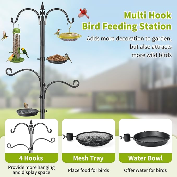 Bird Feeder Pole, 88 Inch Bird Feeding Station 4 Hook Heavy Duty Hummingbird Feeder Stand Hanger Shepherds Hook for Outdoors, with Birds Bath and Mesh Tray