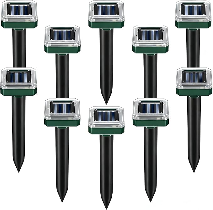 Solar Powered Mole Repellent Stakes, 10 Pack Round Design – Ultrasonic Outdoor Pest Deterrent for Voles, Groundhogs, Snakes & Chipmunks, Waterproof Lawn & Garden Control, Pet Safe
