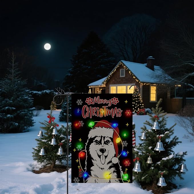 Christmas Dog Garden Flag - Led Husky Christmas Decor for Outside, Welcome Garden Flags Double-Sided Flag for Seasonal Christmas Winter Farmhouse Yard Lawn Decoration Gifts 12x18 inches