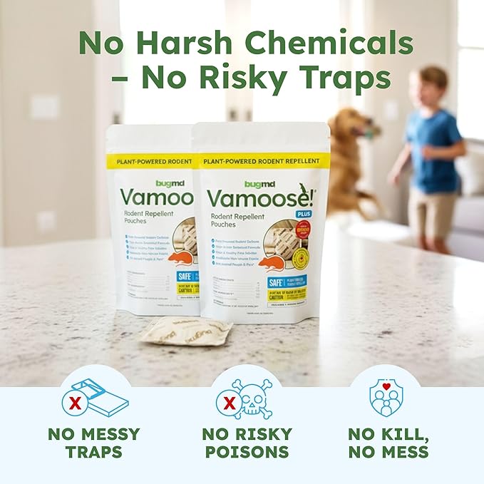 BugMD Vamoose! Plus Peppermint Oil Mouse Repellent Pouches | Natural Mice Repellent Indoor & Rat Deterrent for House, Garage, RV, Car & Storage | Plant-Powered Rodent Control - 2 Pack - 8 Pouches