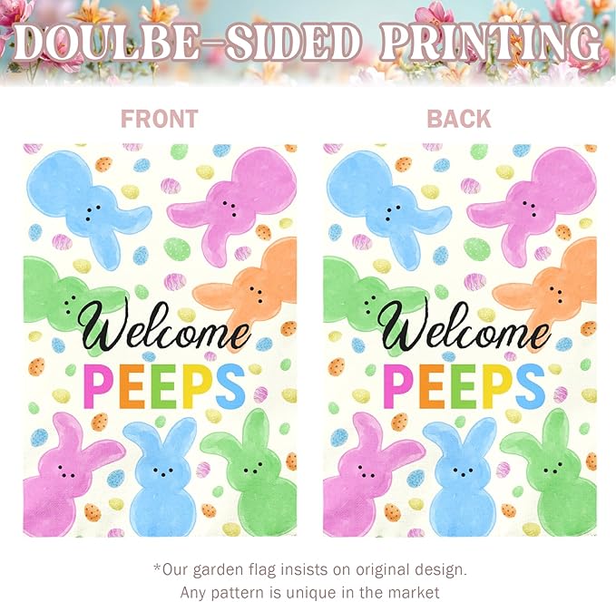 Welcome Peeps Easter Garden Flag 28x40 Inch Large Outdoor Spring Double Sided Bunny Egg House Banners Colorful Porch Garden Flag Holiday Home Flags Decor Durable Seasonal Welcome Sign