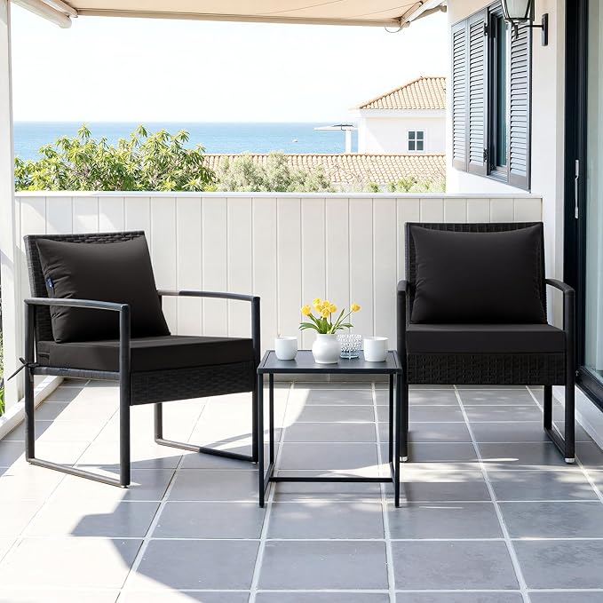MIULEE Black Outdoor Seat Cushion Set 22x22 Inch Linen Textured Waterproof & 3 Year Color Fastness Seat and Back Cushion with Ties No Slip Design for Patio Furniture Chair Sofa Couch