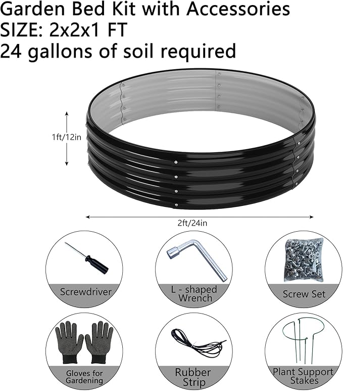 ZFHgarden Galvanized Metal Planter Round Raised Garden Bed Kit for Gardening Outdoor，2x2x1ft 2pc Grow Garden Box Raised Flower Bed，Round Galvanized Planter Outdoor Metal Fire Pit Ring Black