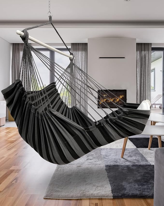Miztli Hammock Chair Hanging Chair Swing for Bedroom with Foot Rest, Max 500 Lbs, Steel Spreader Bar with Anti-Slip Rings-2 Cushions Included-Indoor and Outdoor