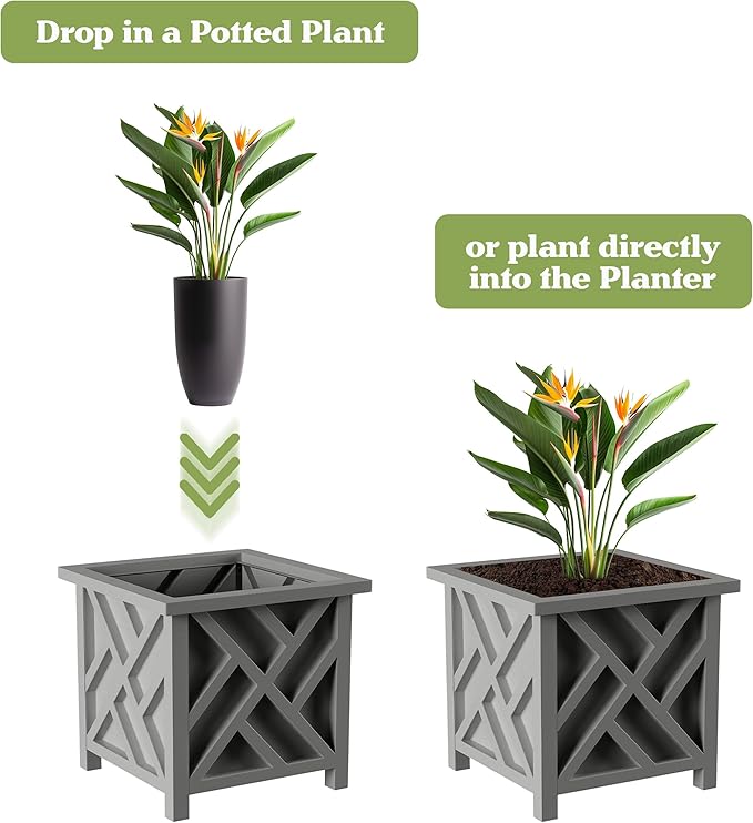 Lattice Design Outdoor Planter Box - 14.75” Square 13” Tall Gray Plant Pot - Decorative Plant Pots for Front Porch Decor - Flower Pots Outdoor Planters for Porch Patio or Garden Decor by Pure Garden