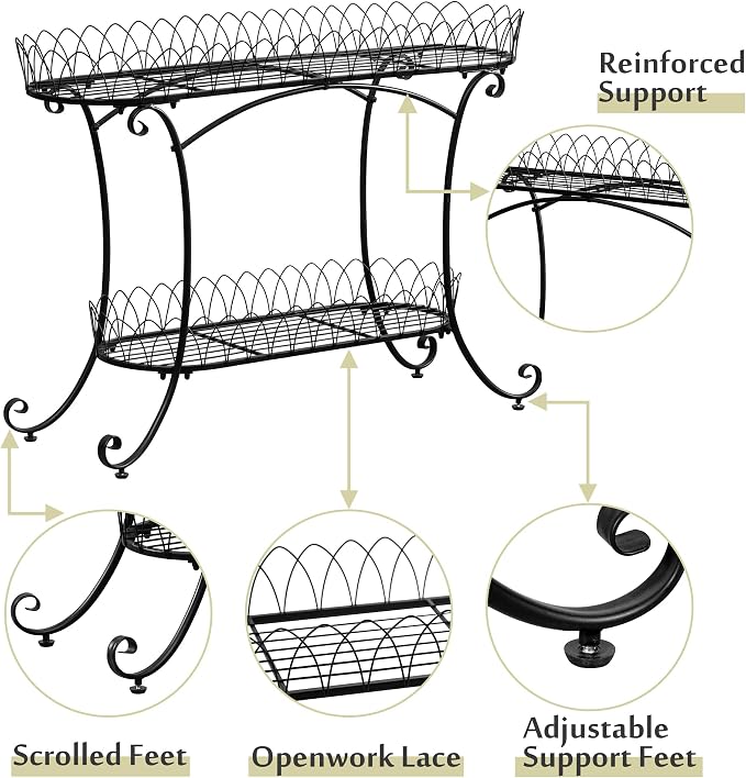 Black Two-Tier Plant Stand with Ornate Edge, 39-inch Long Top Shelf & Waistline Legs, Pots Stand, Fantastic Garden Decor for Indoor Outdoor Use