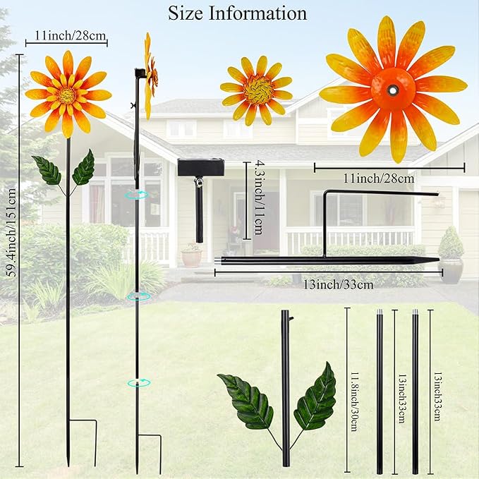 Viveta Solar Sunflower Wind Spinner,Metal Wind Sculpture, Kinetic Garden Spinner,Pinwheel Decor for Yard and Garden Lawn Patio