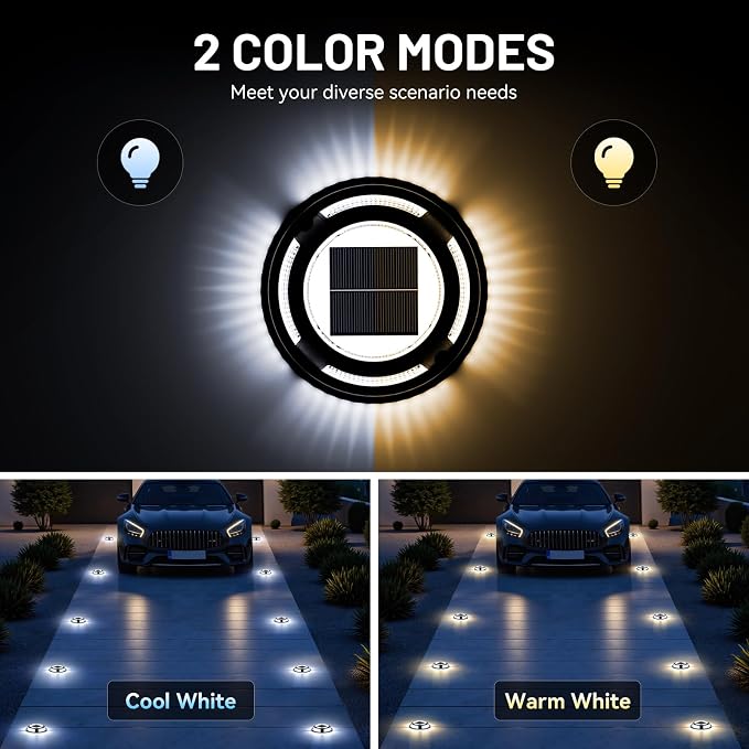 Solar Driveway Lights, 4 Pack Heavy Duty Driveway Lights Solar Powered 2 Color Mode (Cool/Warm White) IP68 Waterproof Outdoor Solar Deck Lights with Ground Stake for Pathway Garden Yard Walkway Dock