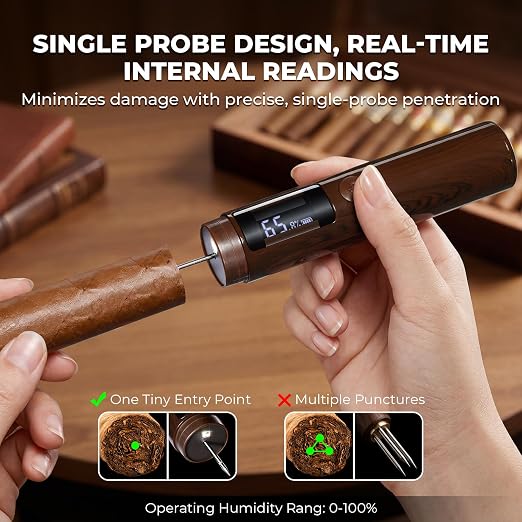 GLENCREAG Single Probe Cigar Hygrometer, Rechargeable Digital Humidity Meter with LED Light, Precision Moisture Tester for Humidors, Ideal Gift for Cigar Collectors, Enthusiasts, or Men