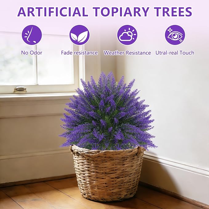 Grooy Artificial Lavender Topiary Ball, Set of 4 Artificial Boxwood Shrub Bushes with Ground Spike, Fake Evergreen Tree for Porch, Artificial Plants for Outdoor Planters Indoor UV Resistant