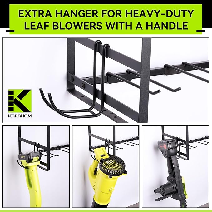 KAFAHOM Leaf Blower and Weed Eater Rack, Lawn Power Tool Organizer Wall Mount, Lawn Tool Storage Rack for Leaf Blower, Weed Eater, Battery, Charger,3-Tier Black