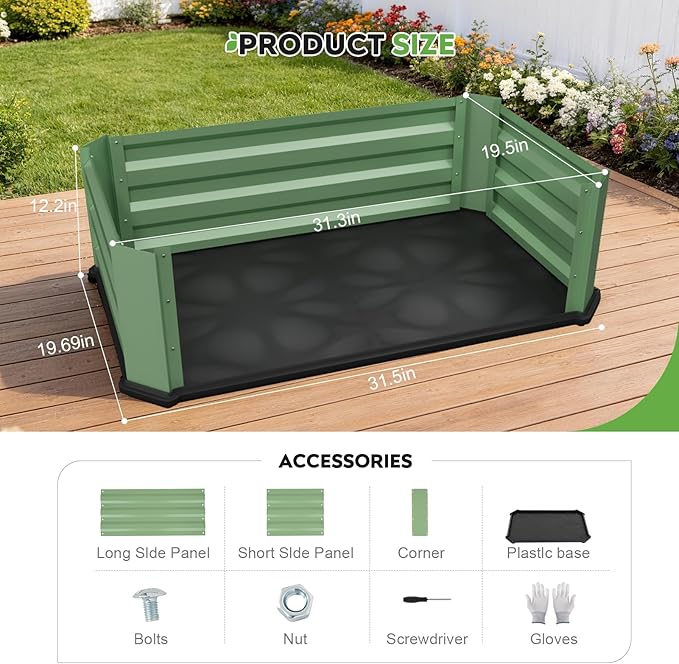 2 Pcs Galvanized Raised Garden Bed with Bottom, Indoor Metal Raised Garden Beds, Easy Assembly No leaks & Rust-Proof Flower Bed, Outdoor Planter Box for Vegetables, Herbs, Patio, Balcony, Green